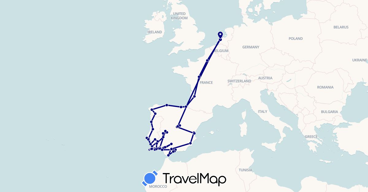 TravelMap itinerary: driving in Spain, France, Gibraltar, Netherlands, Portugal (Europe)